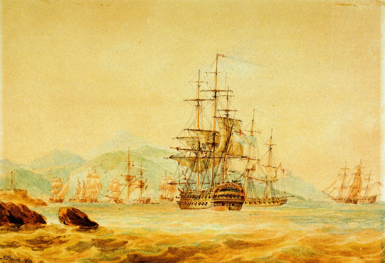 Az "Agamemnon" kivágja a francia hajókat Port Maurice-ból, Oneglia közelében. alkotó: Nicholas Pocock