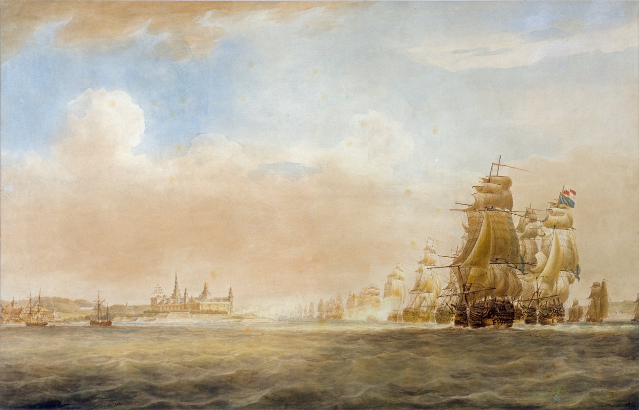 A brit flotta a Kronborg kastélynál, Helsingőrben, 1801. március 28. [a koppenhágai csata előtt]. alkotó: Nicholas Pocock