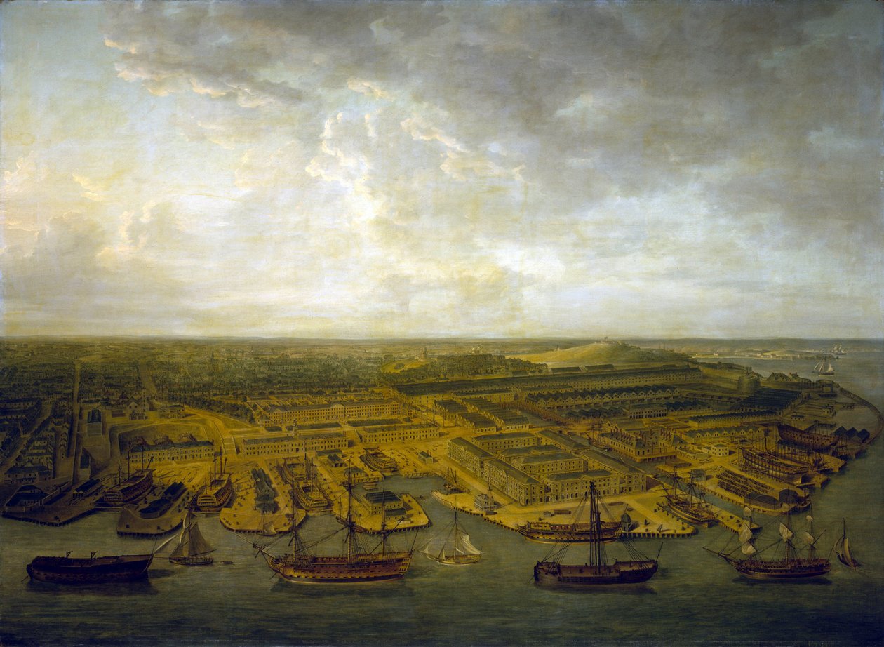 Plymouth kikötői és dokkjai (Anglia). Olaj, vászon alkotó: Nicholas Pocock
