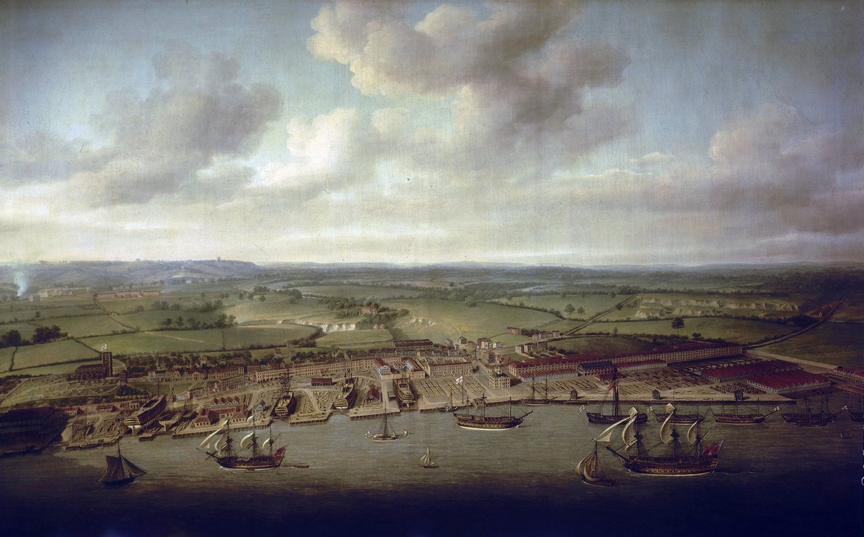 Woolwich (Anglia) dokkjai és dokkjai, a királyi épületek hajógyára a 16. század óta. alkotó: Nicholas Pocock