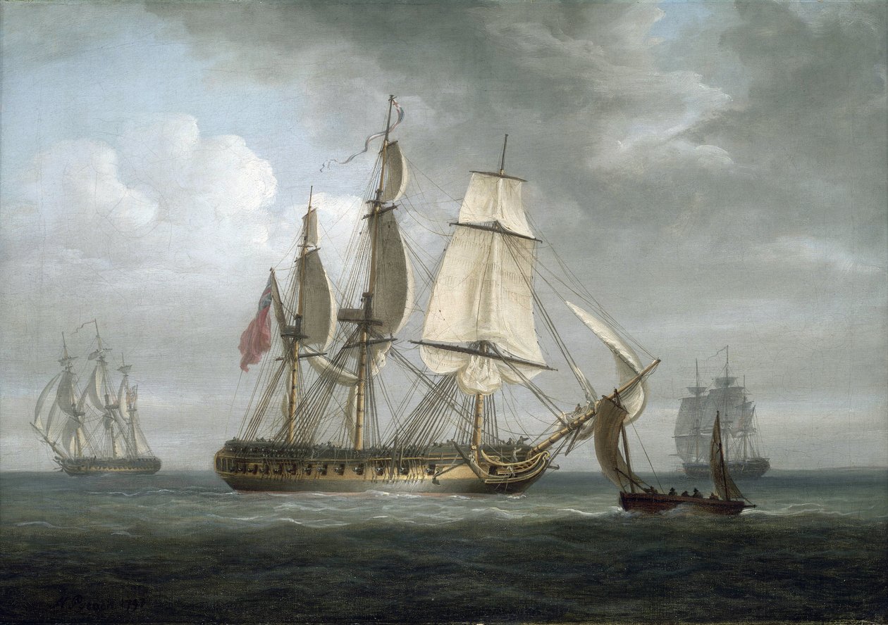 A "Triton" fregatt, amelyet 1796-ban építettek Deptfordban (Anglia), más hajókkal együtt. Olaj, vászon alkotó: Nicholas Pocock