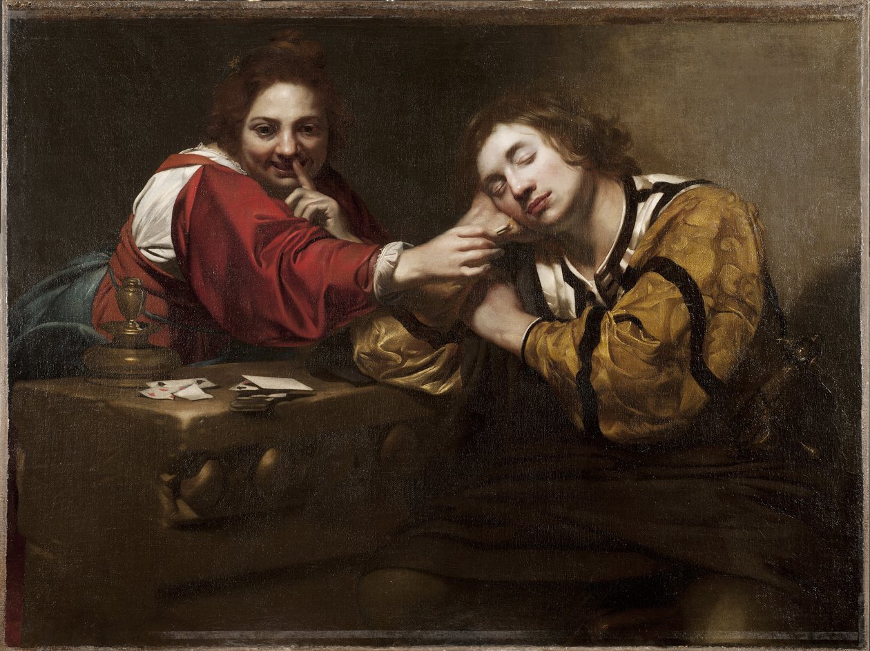 Jóslási jelenet (Alvót ébreszt egy fiatal nő), Renieri, Niccolo (Nicolas Regnier) (1590-1667 körül). olajfestmény alkotó: Nicholas Renieri