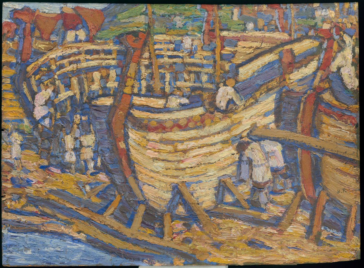 Hajók építése. Vázlat az azonos című, 1903-as festményhez alkotó: Nicholas Roerich