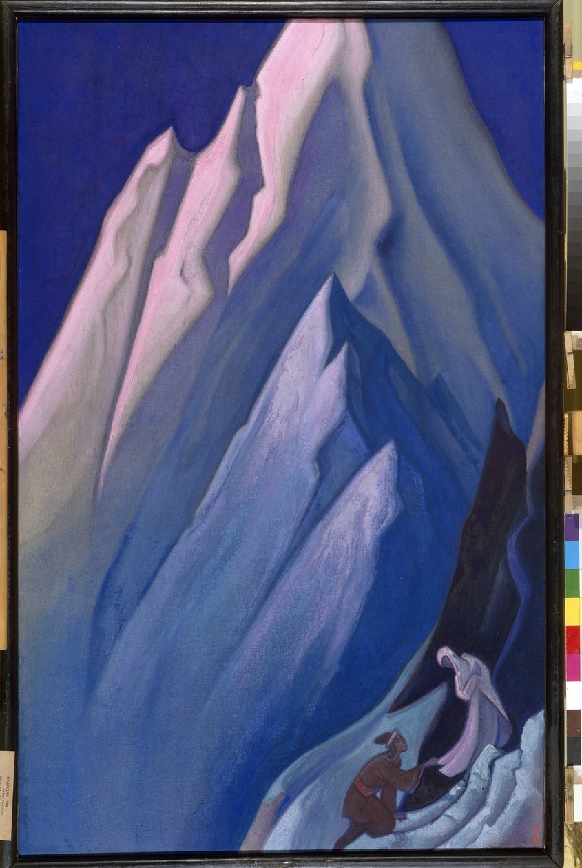 Ő, Aki Vezet. A Himalája-hegységben egy térdelő férfi megérinti a női köntös alját, a buddhista spiritualitást. Nicholas Roerich (1874-1947) alkotása, tempera, vászon alkotó: Nicholas Roerich