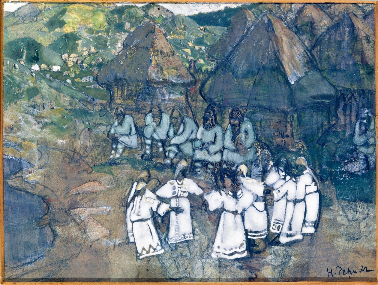 Körtánc (kör). Nicolas (Nicholas) Roerich (1874-1947) munkája, akvarell és gouache papíron, 1900-1910 körül. Orosz művészet, 20. század, szimbolika; Állami M. Neszterov Művészeti Múzeum, Köztársaság Baskíria, Ufa (Oroszország). alkotó: Nicholas Roerich