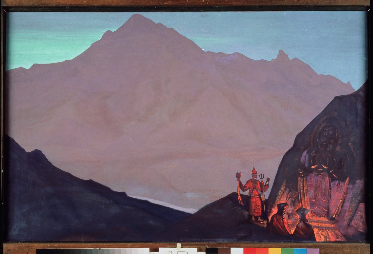 Chenrezig (a részvét Bodhidattva a Dalai Lámának vagy Avalokiteshvarának szentelve). Nyugat-Tibet a Himalájában. (A buddhista szerzetesek tisztelegnek a Himalája-hegy falára vésett ábrázolása előtt). Nicolas (Nicholas) Roeri festménye alkotó: Nicholas Roerich