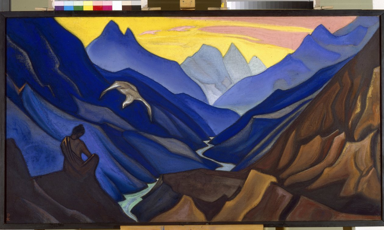 Mester parancsai. (A Mester parancsa). Egy ember, aki meditál Tibet hegyvidéki táján, egy nagy fehér madár, a buddhista spiritualitás lebeg fölötte. Nicholas Roerich (1874-1947) alkotása, tempera, vászon alkotó: Nicholas Roerich