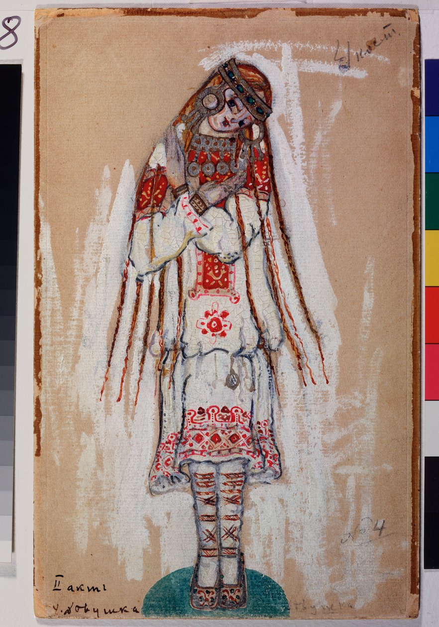 Jelmez egy női karakterhez Igor Sztravinszkij (1882-1971) "A tavasz rítusa" című balettjéből. Nicolas (Nicholas) Roerich (1874-1947) munkája, gouache kartonon alkotó: Nicholas Roerich
