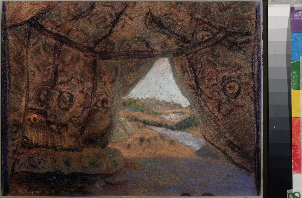 Felkészítő díszlet Miklós (Nikolaj) Rimszkij Korszakov (1844-1908) La Pskovitaine (Pszkov leánya) című operájához. Nicholas Roerich (1874-1947) alkotása, pasztell kartonon alkotó: Nicholas Roerich