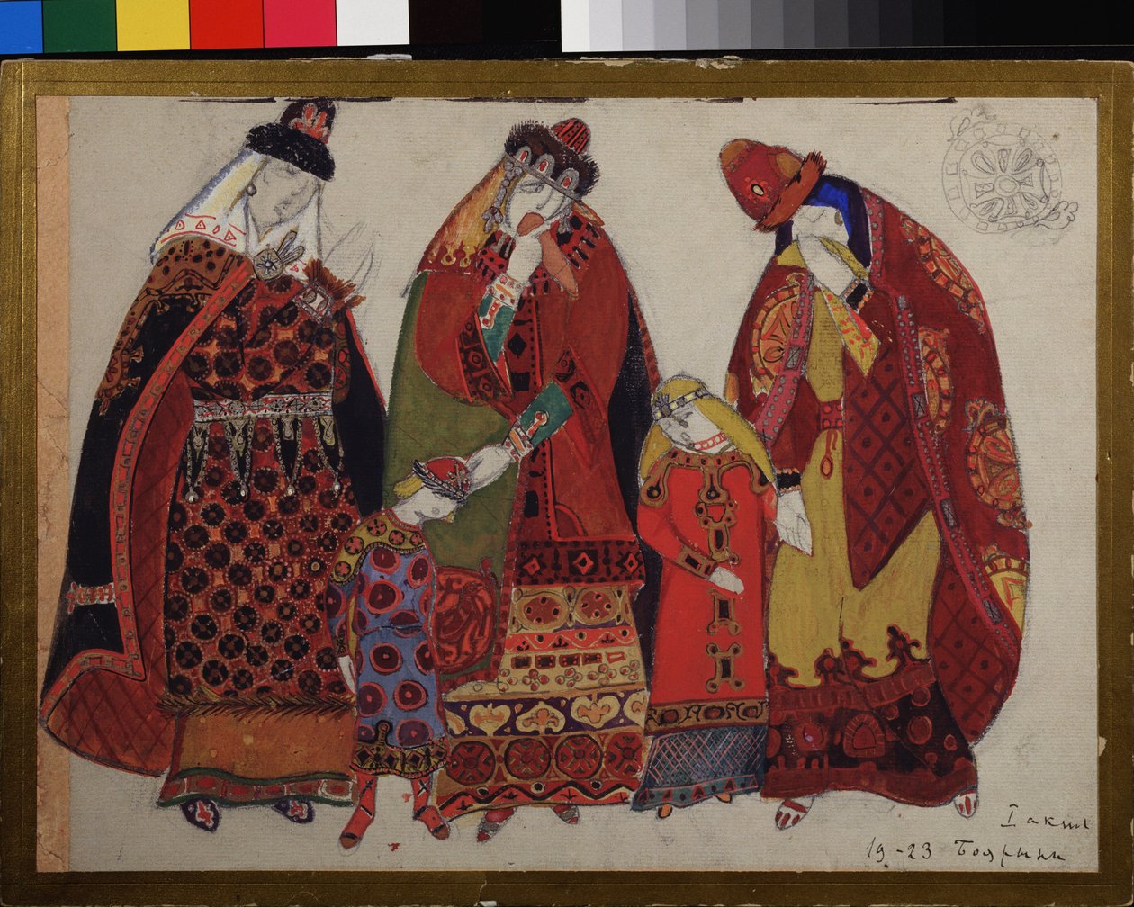Nők és gyerekek. Jelmeztervek Alexandre Borodin (Borodin) Igor herceg című operájához (1833-1887). Nicholas Roerich (1874-1947) munkája, ceruza, gouache és tinta papíron alkotó: Nicholas Roerich