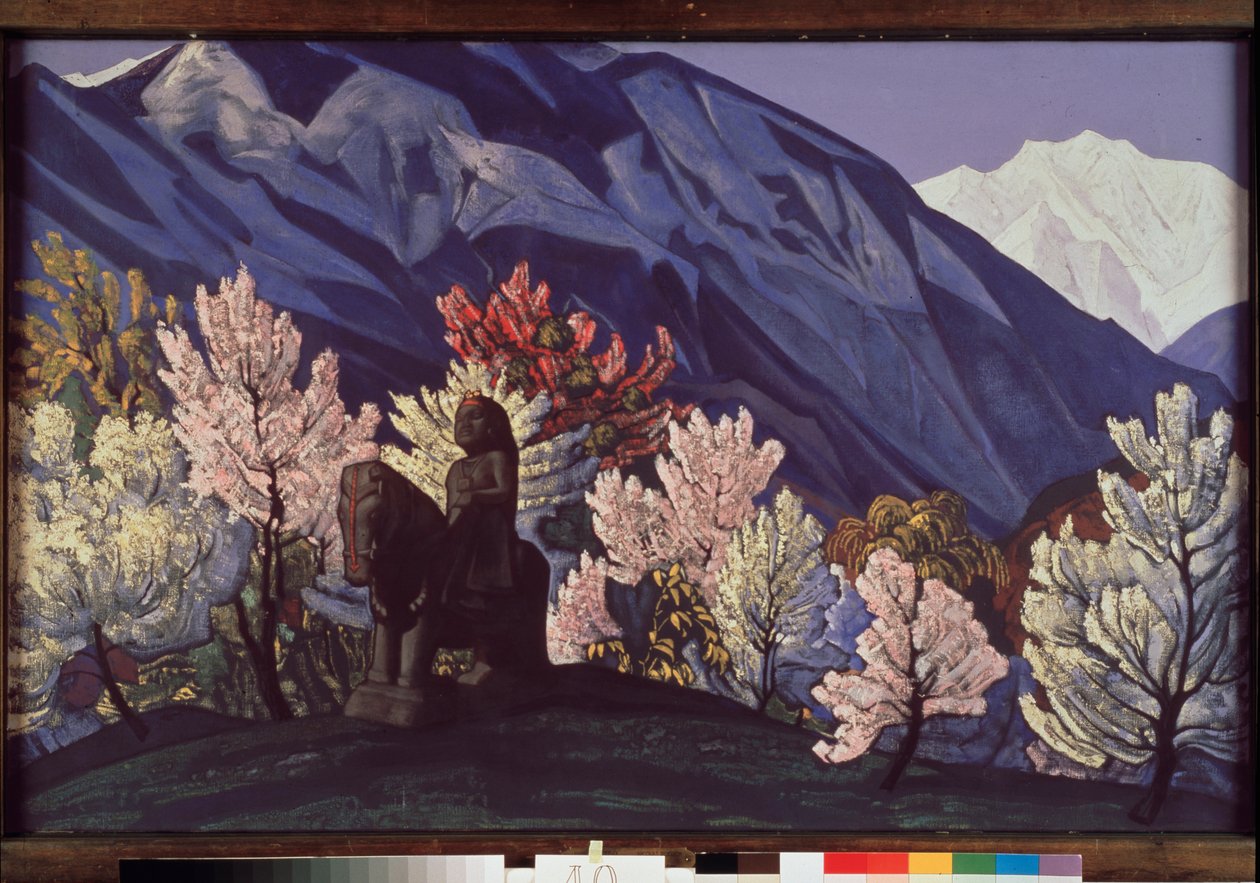 Guga Chohan. Kulu-völgy (India). (Lovasszobor a Himalája virágzó fái között). Nicolas (Nicholas) Roerich (1874-1947) festménye, tempera, vászon alkotó: Nicholas Roerich