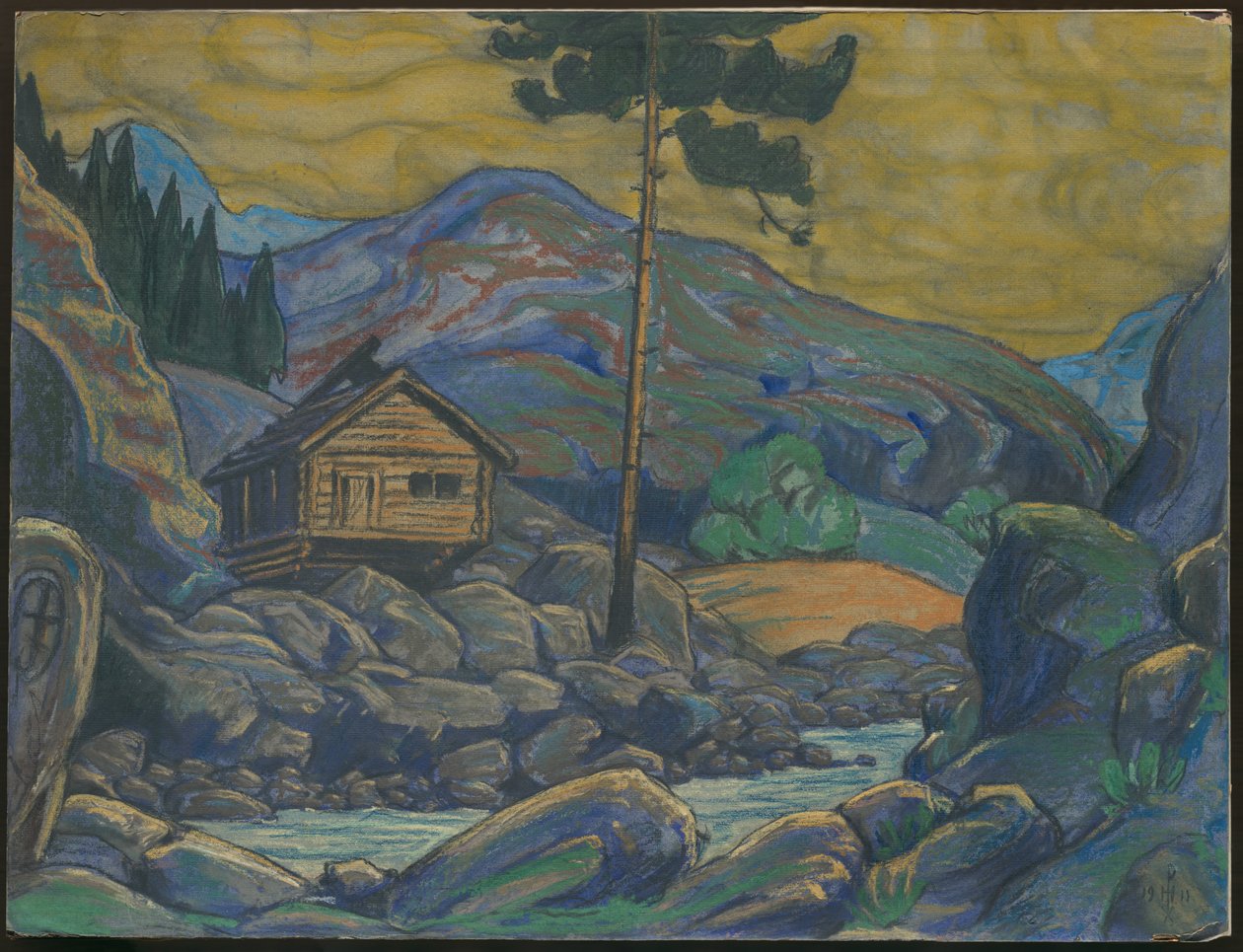Kunyhó a hegyekben, Ibsen „Peer Gynt” című drámájának dekorációja, 1911 alkotó: Nicholas Roerich