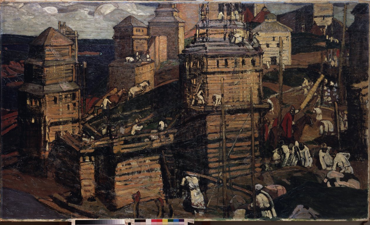 Város építése. (Város építése). (egy ukrajnai vidéki közösség számára). Nicholas Roerich (1874-1947) festménye, olaj, vászon alkotó: Nicholas Roerich