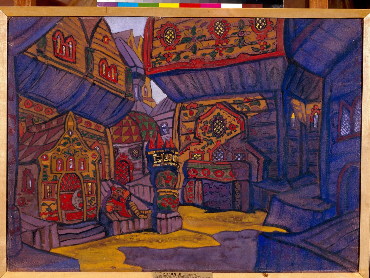 Vladimir Galitsky herceg udvara. Dekoráció Alexandre Borodin (Borodin) (1833-1887) "Igor herceg"" című operájához. Nicolas (Nicholas) Roerich (1874-1947) munkája, gouache és tempera papíron alkotó: Nicholas Roerich