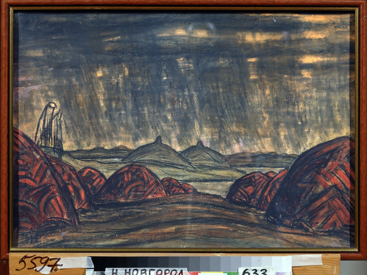 A Polovtsien tábor (vagy Couman, Kouman). Alexandre Borodin (Borodin) (1833-1887) Igor herceg című operájának előkészítő dekorációja. Nicholas Roerich (1874-1947) alkotása, pasztell kartonon alkotó: Nicholas Roerich