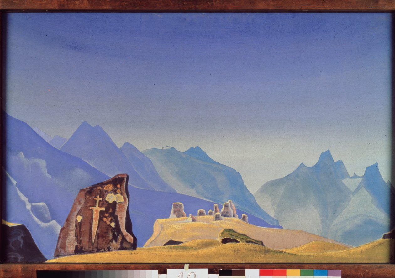 Gesar kán (vagy Ling Gesar királya, mongol és tibeti hős) kardja. (sziklasír a Himalája láncának csúcsán). Nicolas (Nicholas) Roerich (1874-1947) tempera munkája vászonra alkotó: Nicholas Roerich