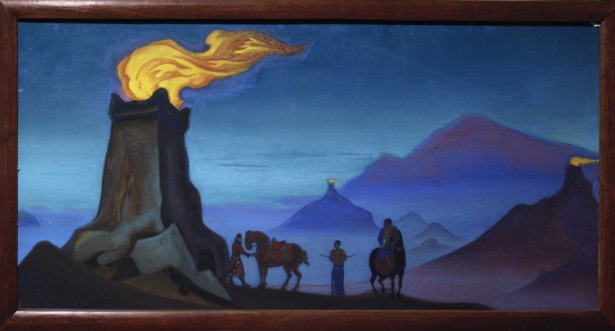 A győzelem lángjai. (Lovasok sziluettjei a Himalája-hegységben, este). Nicholas Roerich (1874-1947) alkotása, tempera, vászon alkotó: Nicholas Roerich