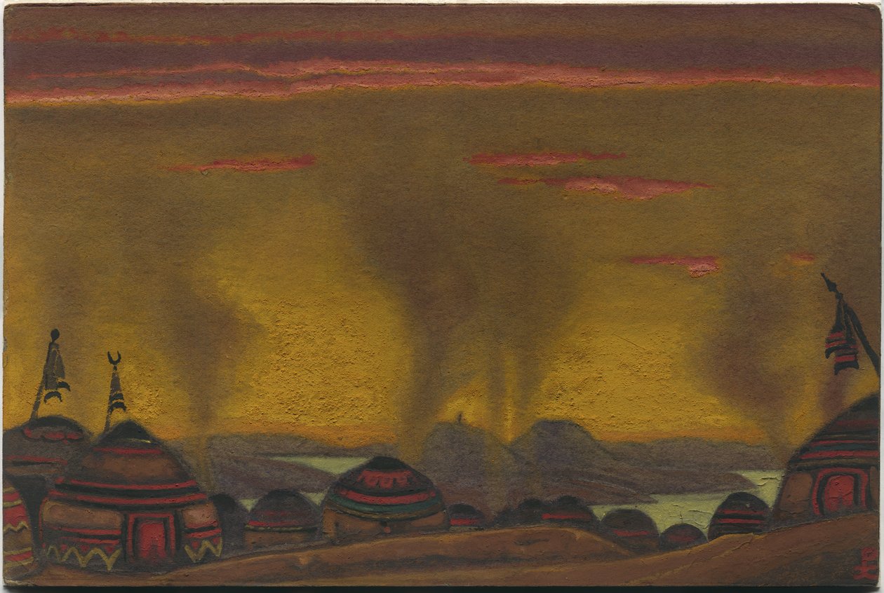 Polovtsian Camp, dekoráció a "Polovtsian táncokhoz" Borodin "Igor herceg" című operájából, 1943 alkotó: Nicholas Roerich