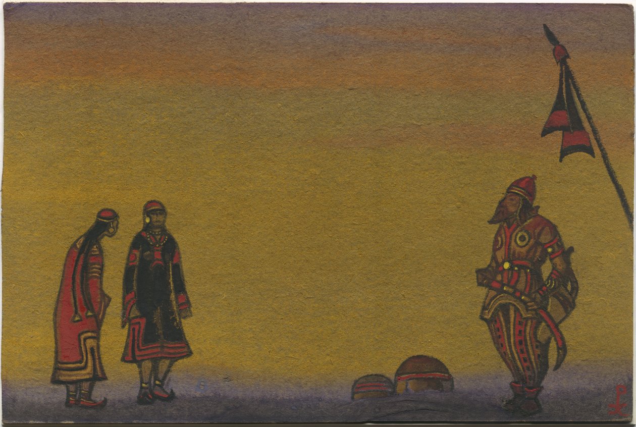 Polovciak, polovcok és lányok, jelmeztervek a "Polovcian Dances"-hez Borodin "Igor herceg" című operájából, 1943 alkotó: Nicholas Roerich