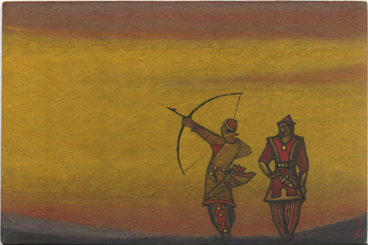 Polovciak, egy íjjal, jelmezterv a „Polovci táncok” Borodin „Igor herceg” című operájából, 1943 alkotó: Nicholas Roerich