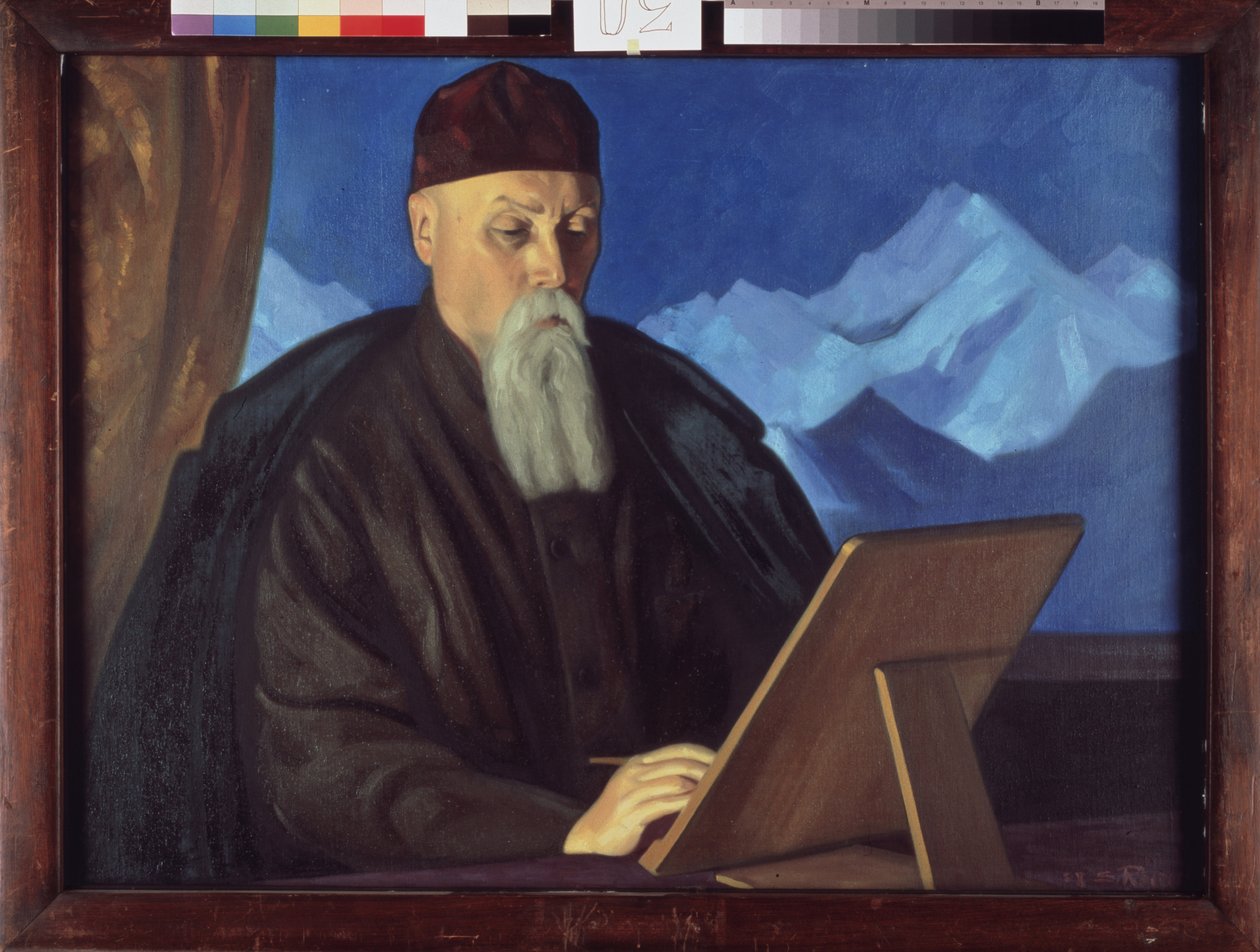 Nicolas (Nicholas) Roerich (1874-1947) művész portréja. Szvjatoszlav Nyikolajevics Roerich (1904-1993) festménye, tempera, vászon. Orosz művészet, XX. század, modern művészet. Állami Tretyakov Galéria, Moszkva. alkotó: Nicholas Roerich