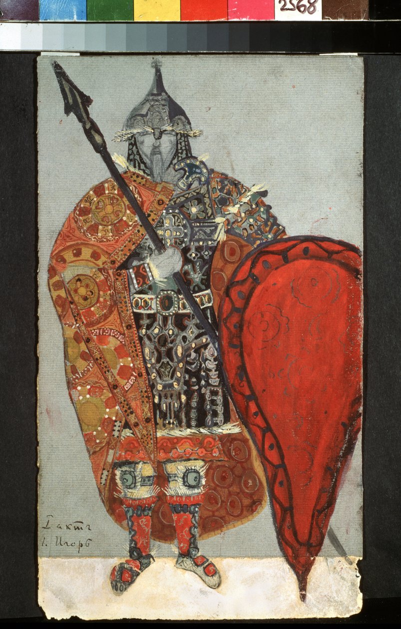 Alekszandr Borodin (1833-1887) Igor herceg című operájának jelmezterve. Nicholas Roerich (1874-1947) munkája, ceruza, gouache és arany papíron alkotó: Nicholas Roerich