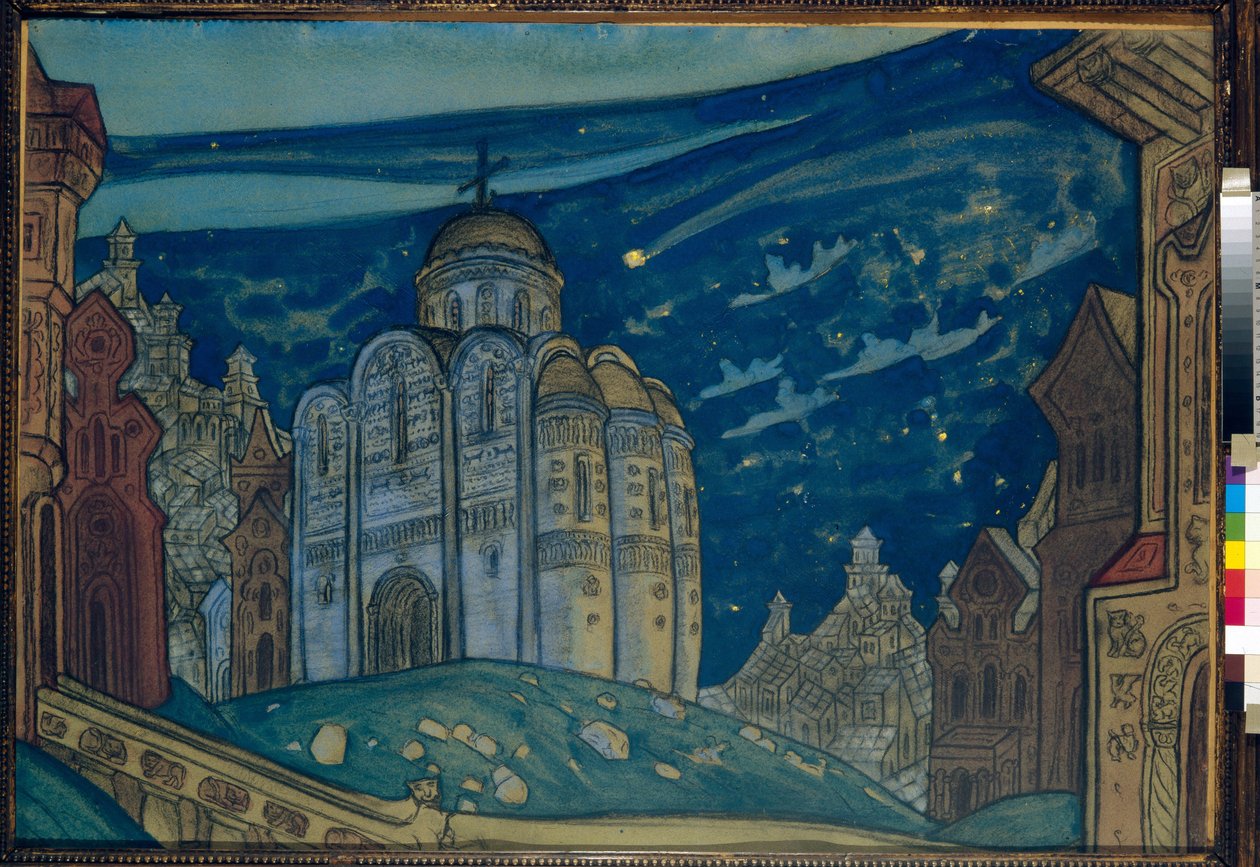 tudsz Alekszandr Borodin (Borodin) (1833-1887) "Igor herceg" című operájának dekorációja. Nicolas (Nicholas) Roerich (1874-1947) munkája, gouache és tempera papíron alkotó: Nicholas Roerich