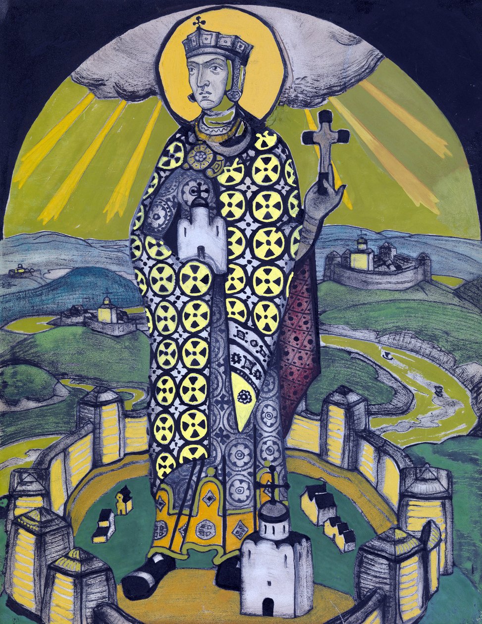 Szent Olga, Kijev hercegnője (kollázs és tempera papíron) alkotó: Nicholas Roerich