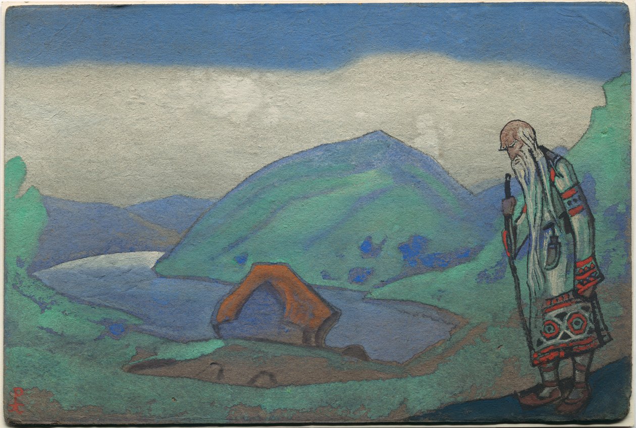 A bölcs, díszlet- és jelmezterv Stravinsky „Le Sacre du Printemps” című balettjéhez, 1944 alkotó: Nicholas Roerich