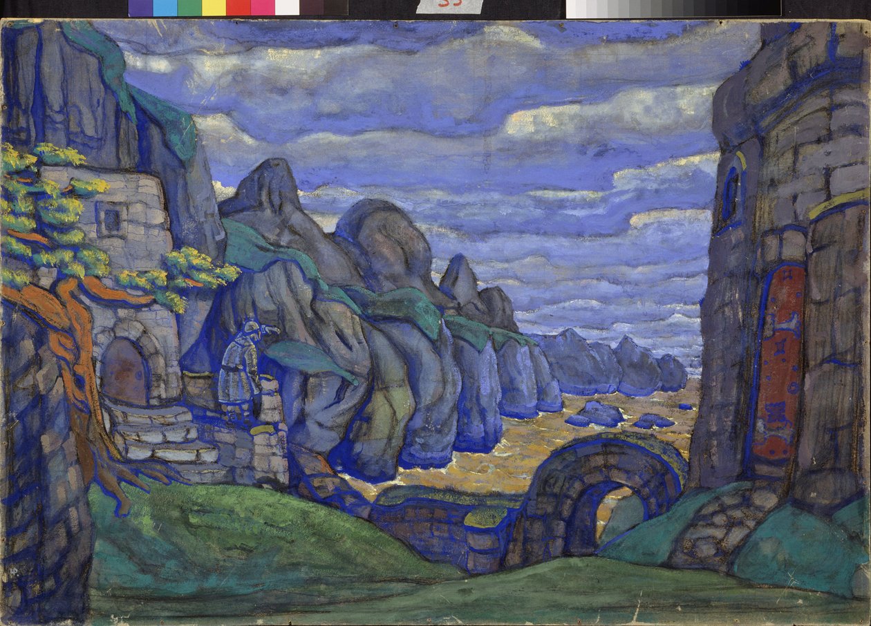Falu a tenger mellett Richard Wagner (1813-1883) Trisztán és Izolda című operájának előkészítő dekorációja. Nicholas Roerich (1874-1947) munkája gouache és tempera kartonon alkotó: Nicholas Roerich
