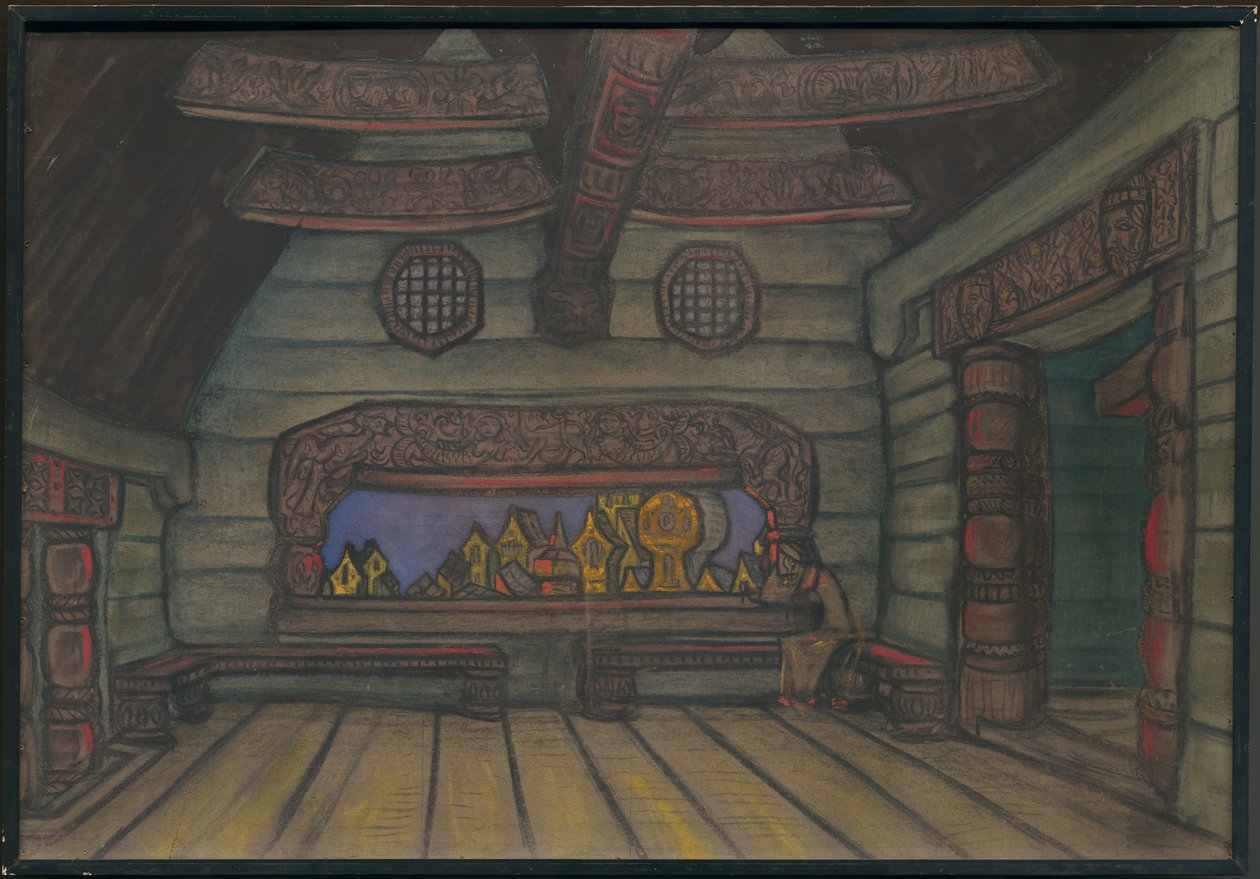 Jaroszlavna toronyszobája, dekoráció Borodin „Igor herceg” című operájához, 1914 alkotó: Nicholas Roerich