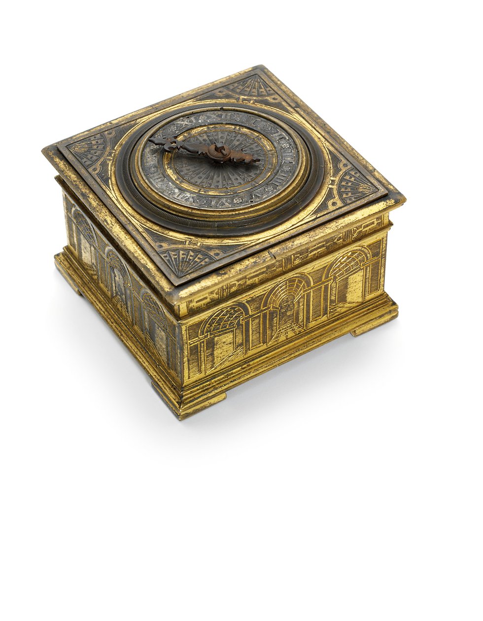 I. Erzsébet vésett feltűnő vízszintes asztali óra, 1590-1600 körül alkotó: Nicholas Vallin
