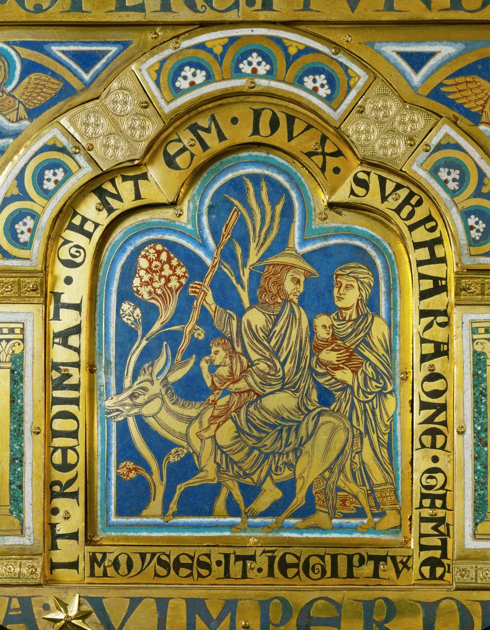 Mózes visszatér Egyiptomba feleségével, Zippórával és két fiával ... (zománc aranyozott rézre) alkotó: Nicholas of Verdun