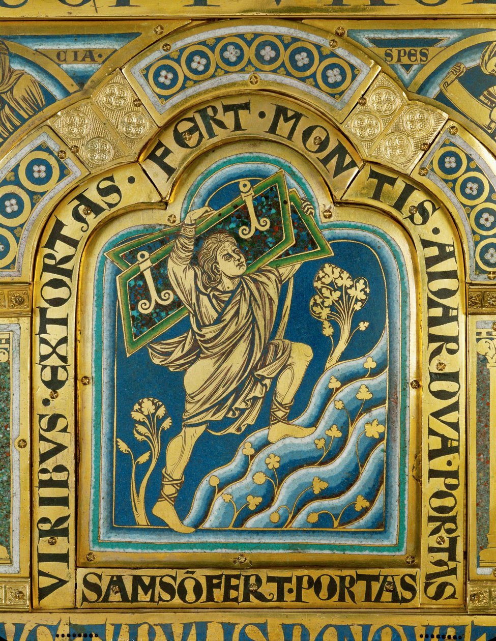 Sámson elfoglalja Gáza városkapuit, Verdun oltár ... (zománc aranyozott rézre) alkotó: Nicholas of Verdun