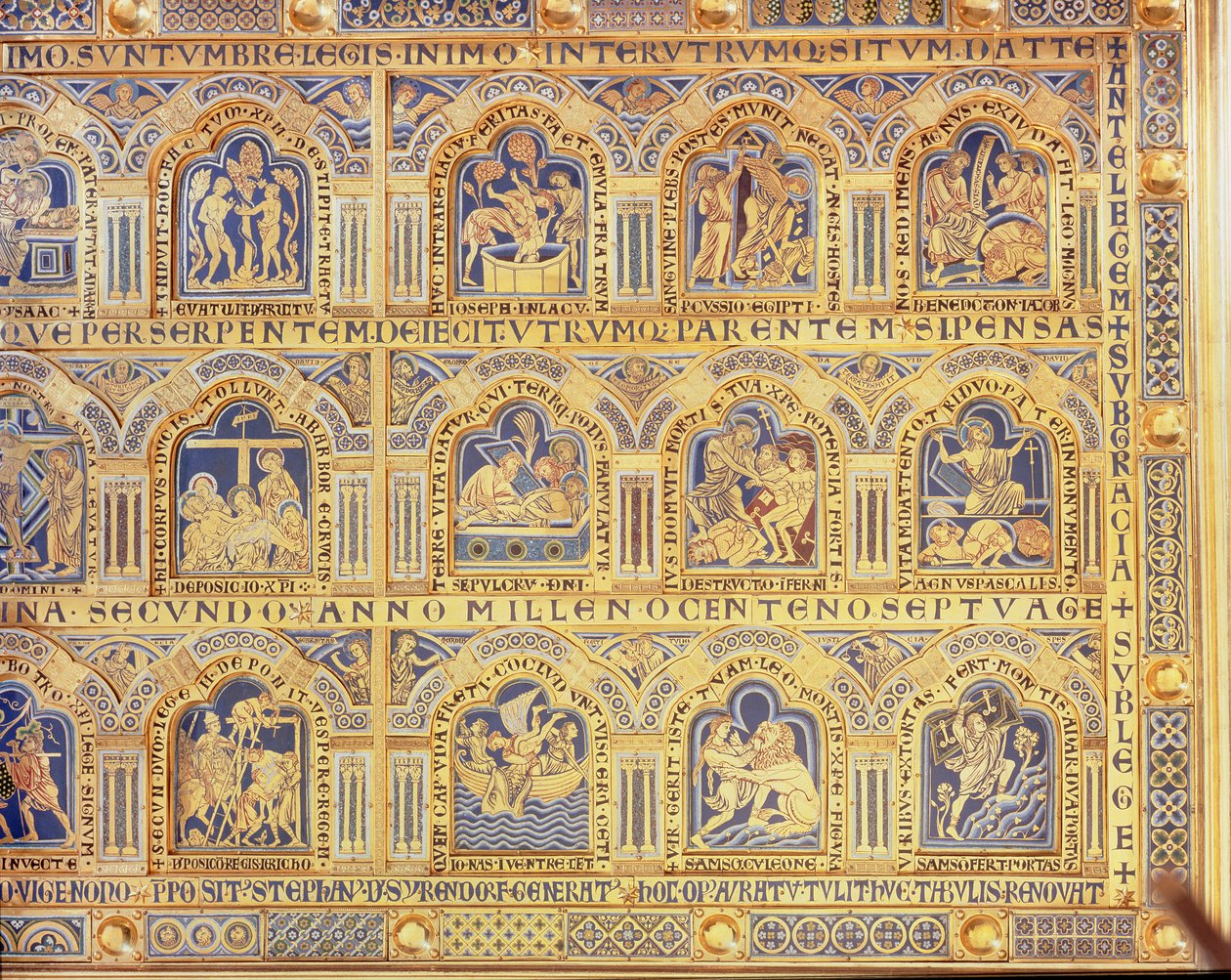 A bibliai jeleneteket ábrázoló verduni oltár, 1181 (pempős zománcozás) (a központi panel jobb oldala) (a többi táblát lásd: 146819, 146820 és 146822) alkotó: Nicholas of Verdun