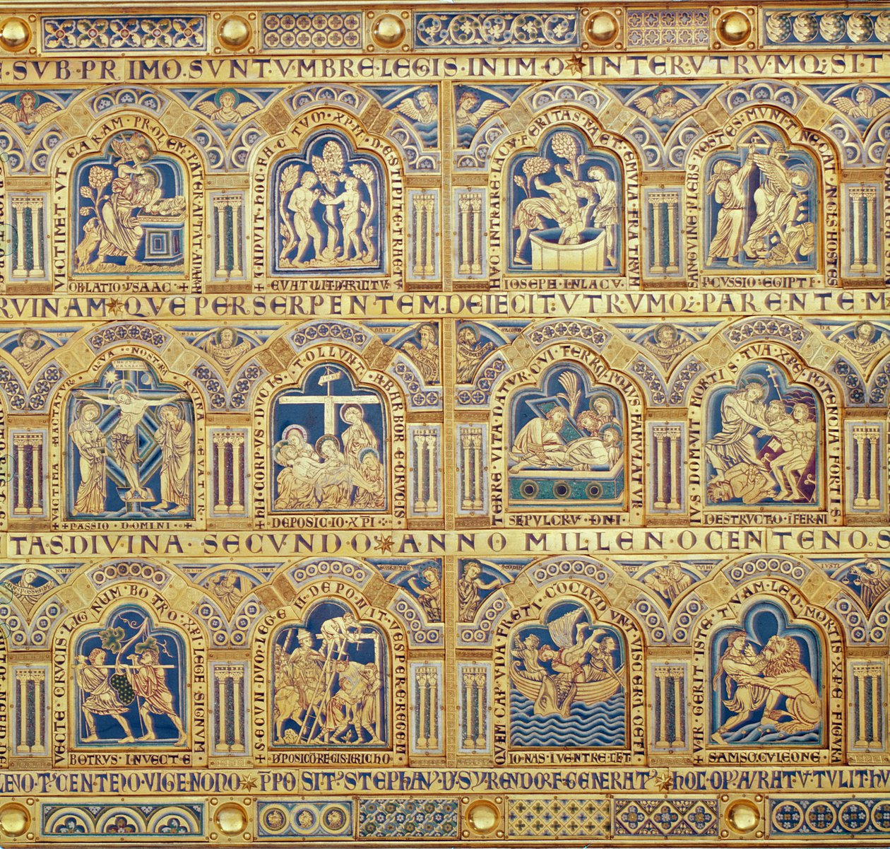 A verduni oltár, bibliai jeleneteket ábrázoló dekoratív táblák részlete, 1181-es champleve zománcozás alkotó: Nicholas of Verdun