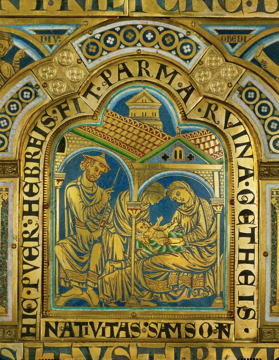 Sámson születése, Manoah középkori zsidó kalapban ... (zománc aranyozott rézre) alkotó: Nicholas of Verdun