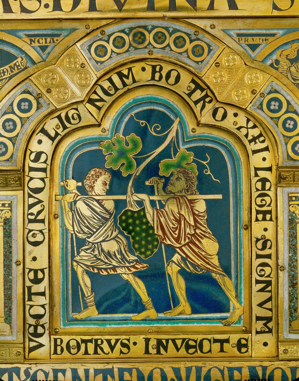 A felderítők visszatérnek az Eshkol-völgyből, egy óriási szőlőt cipelve ... (zománc aranyozott rézre). alkotó: Nicholas of Verdun