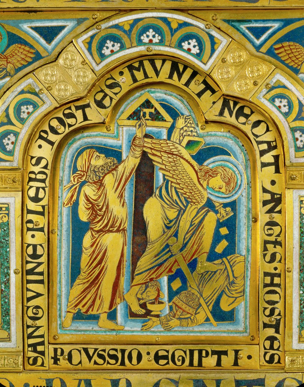 A tizedik egyiptomi csapás: az izraeliták az ajtófélfákat a húsvéti bárány vérével festik be ... (zománc aranyozott rézre). alkotó: Nicholas of Verdun