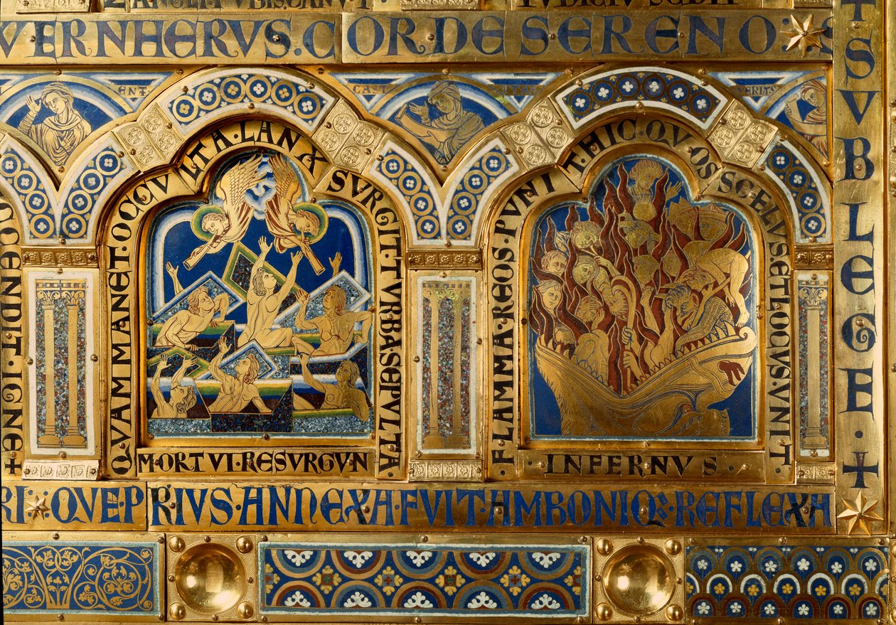 Nicolas de Verdun (kb. 1130/50-1205) aranyból és enamaille-ból készült verduni oltár: jelenetek az Ó- és Újszövetségből: részlet, amely a halottakat ábrázolja, akik elhagyják sírjukat az utolsó ítélet napján, és a lángokban égő károkat a pokolból. 12. száz alkotó: Nicholas of Verdun