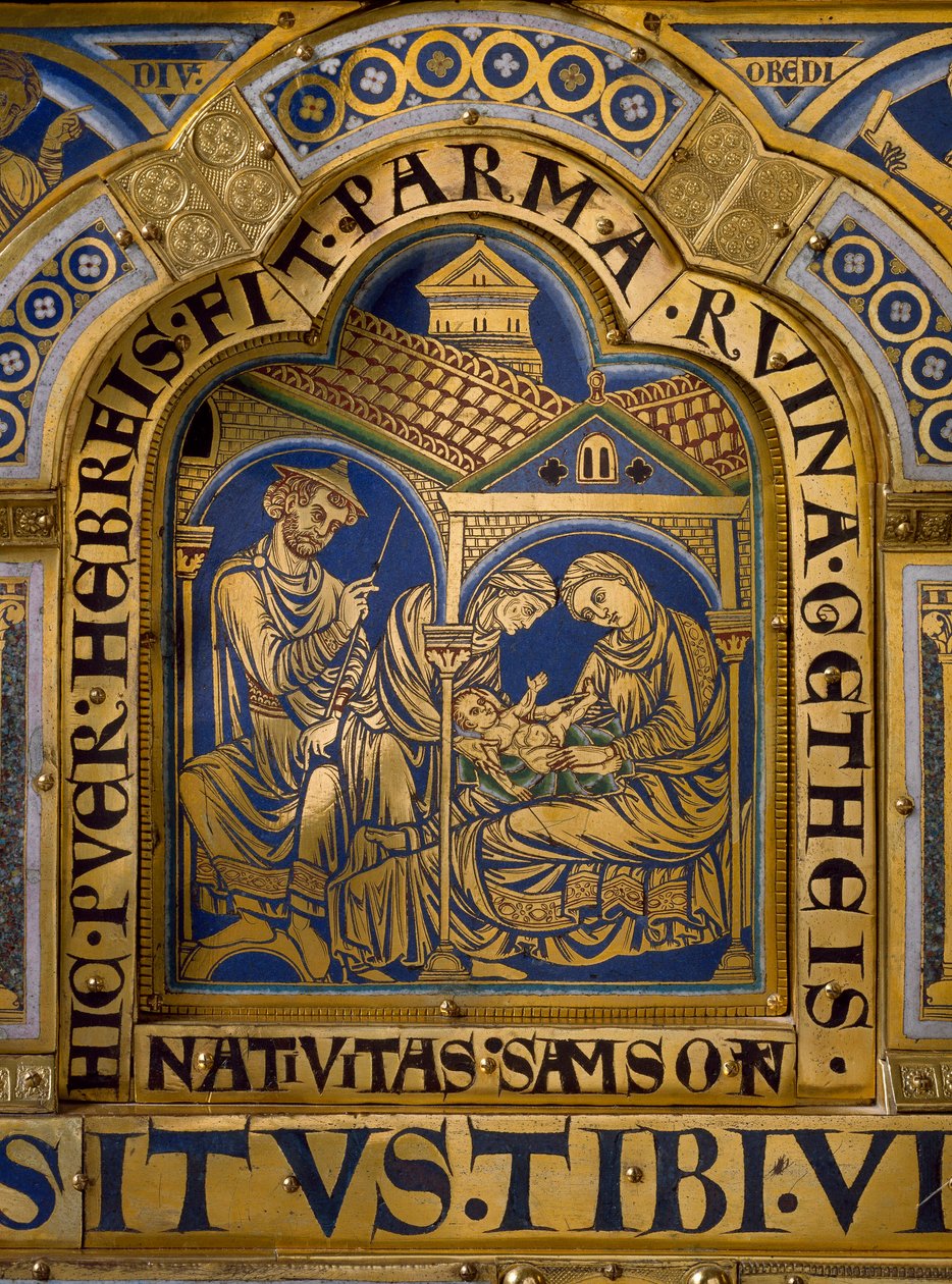 Nicolas de Verdun (kb. 1130/50-1205) aranyból és zománcból készült verduni oltár: jelenetek az Ó- és Újszövetségből: Sámson születését bemutató részlet. 12. századi Klosterneuburg Bécs, Ausztria - Verdun oltár, zománcozott aranyozott réz, szerző: Nicolas d alkotó: Nicholas of Verdun