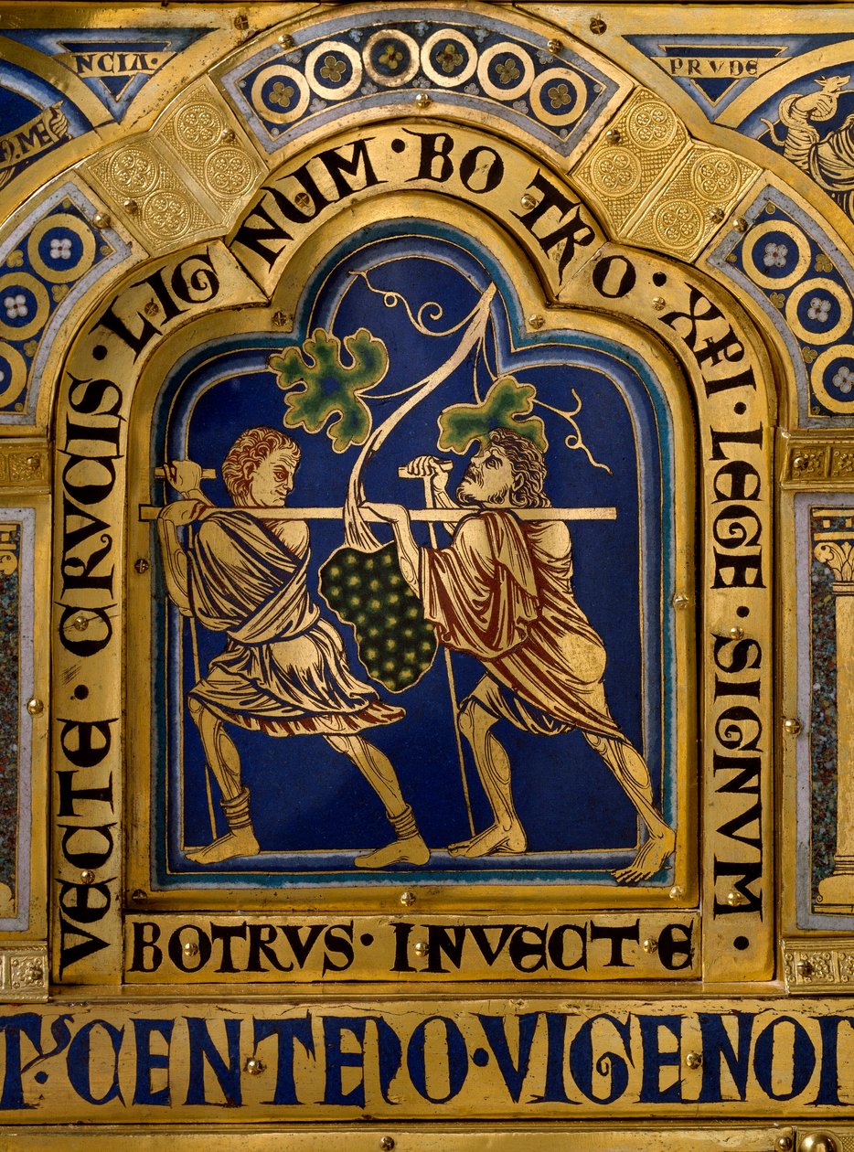 Nicolas de Verdun (kb. 1130/50-1205) aranyból és zománcból készült verduni oltár: jelenetek az Ó- és Újszövetségből: Josue és Caleb visszatérését ábrázoló részlet egy hatalmas szőlőfürttel Kánaán földjéről (Ígéret) Föld). 12. századi Klostern alkotó: Nicholas of Verdun