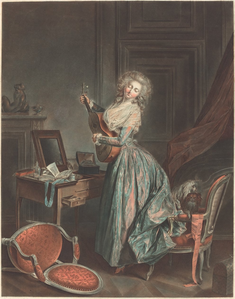 Gitározó nő, 1788-9, vésette Jean-François Janinet (rézkarc és mosás, színes tintákkal nyomtatva) alkotó: Niclas II Lafrensen