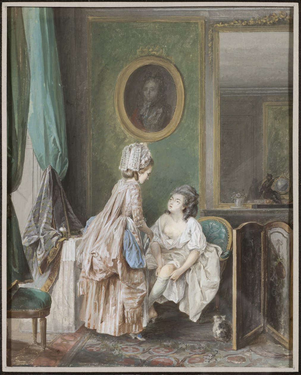 Harisnyát felhúzó nő – Harisnyát húzó nő, Lafrensen, Niclas (Nicolas Lavreince) (1737-1807). Gouache papíron alkotó: Niclas II Lafrensen