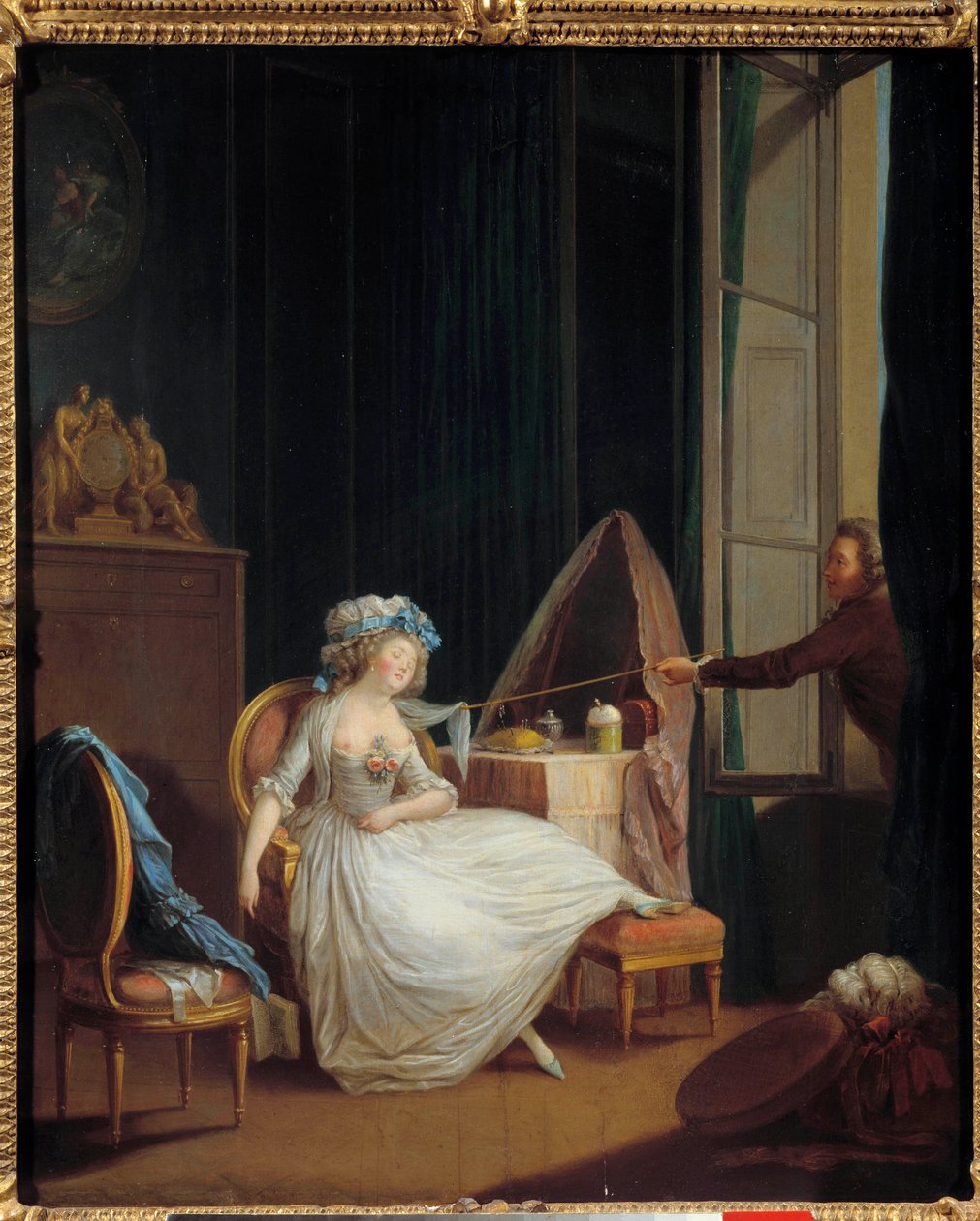 Komolytalan szerelem Egy férfi felfedezi egy fiatal nő mellkasát, aki a mellén alszik. Niklas Lavreince (1737-1807) festménye. 18. századi Párizs. Musee Cognacq Jay alkotó: Niclas II Lafrensen