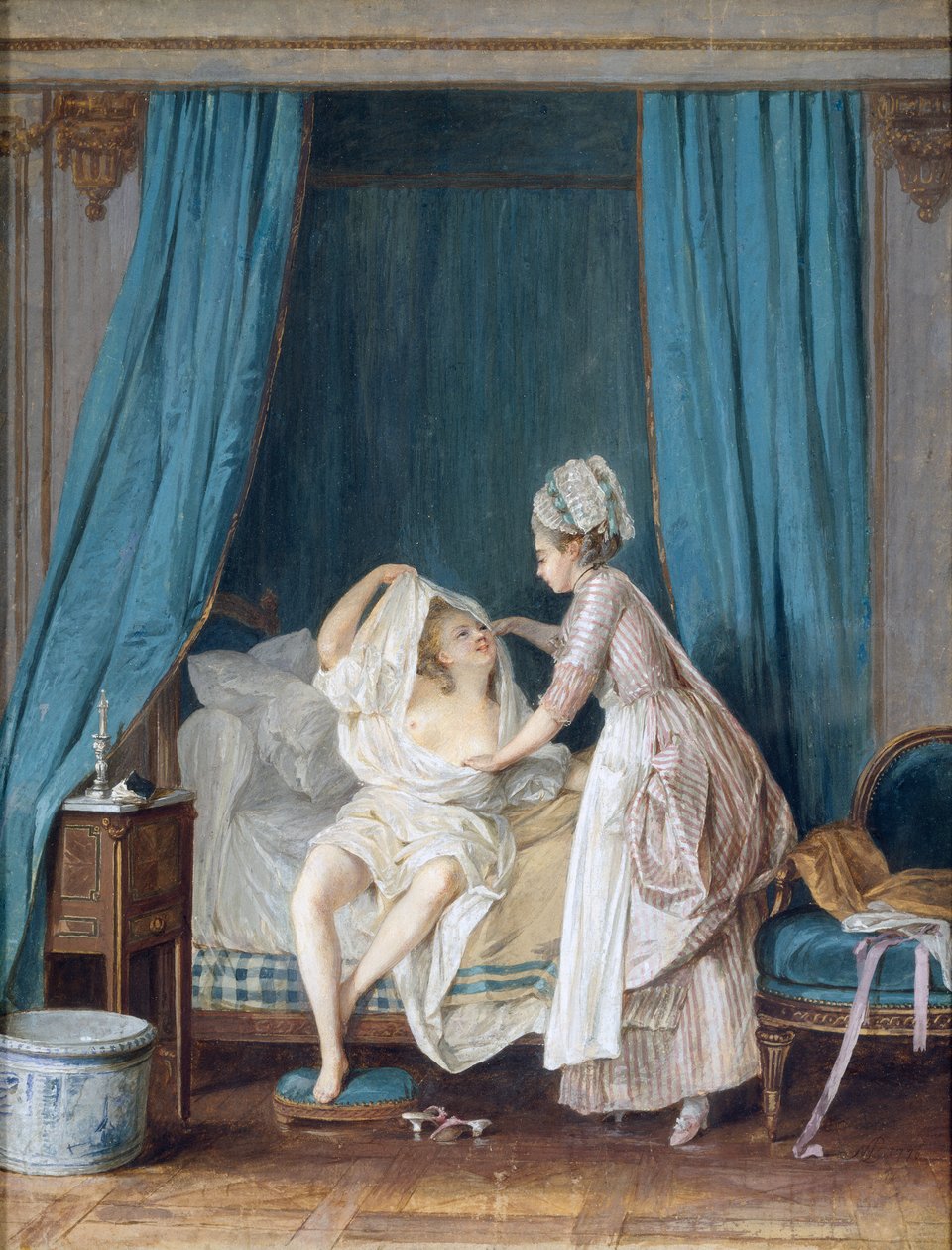Hölgy kikászálódik az ágyból, 1776 alkotó: Niclas II Lafrensen