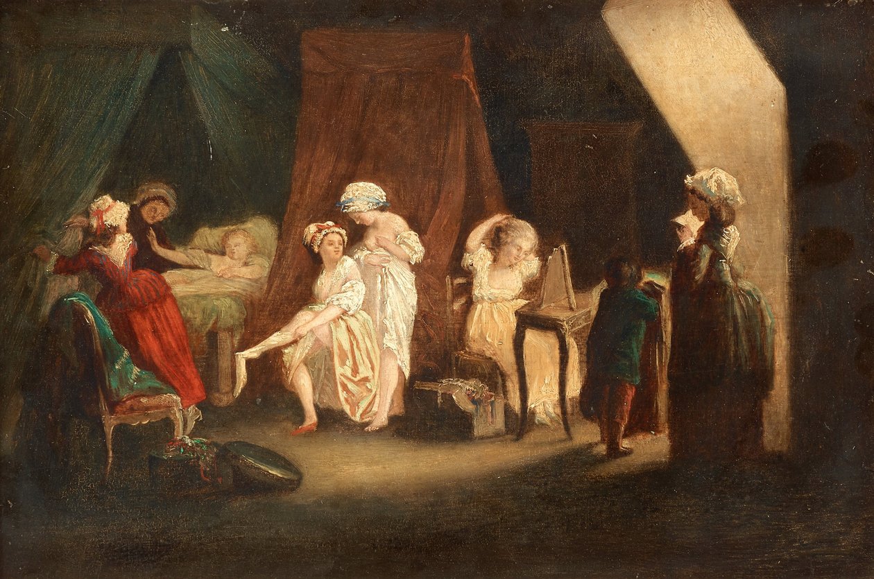 Lever des ouvrieres en mode, Lafrensen, Niklas (Nicolas Lavreince vagy Lavrince) (1737-1807). Olaj, fa, méret: 27x39, , Magángyűjtemény alkotó: Niclas II Lafrensen