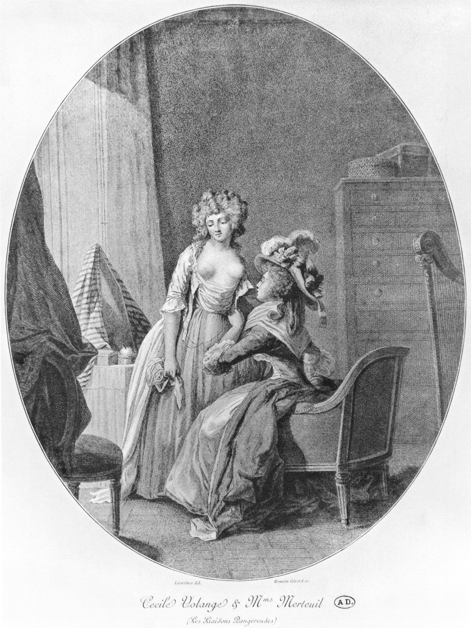 Madame de Merteuil elcsábítja Cecile Volange-ot, illusztráció Pierre Choderlos de Laclos (1741-1803) „Les Liaisons Dangereuses” című művéből, Romain Girard (sz. e. 1751) metszete, 1782 alkotó: Niclas II Lafrensen