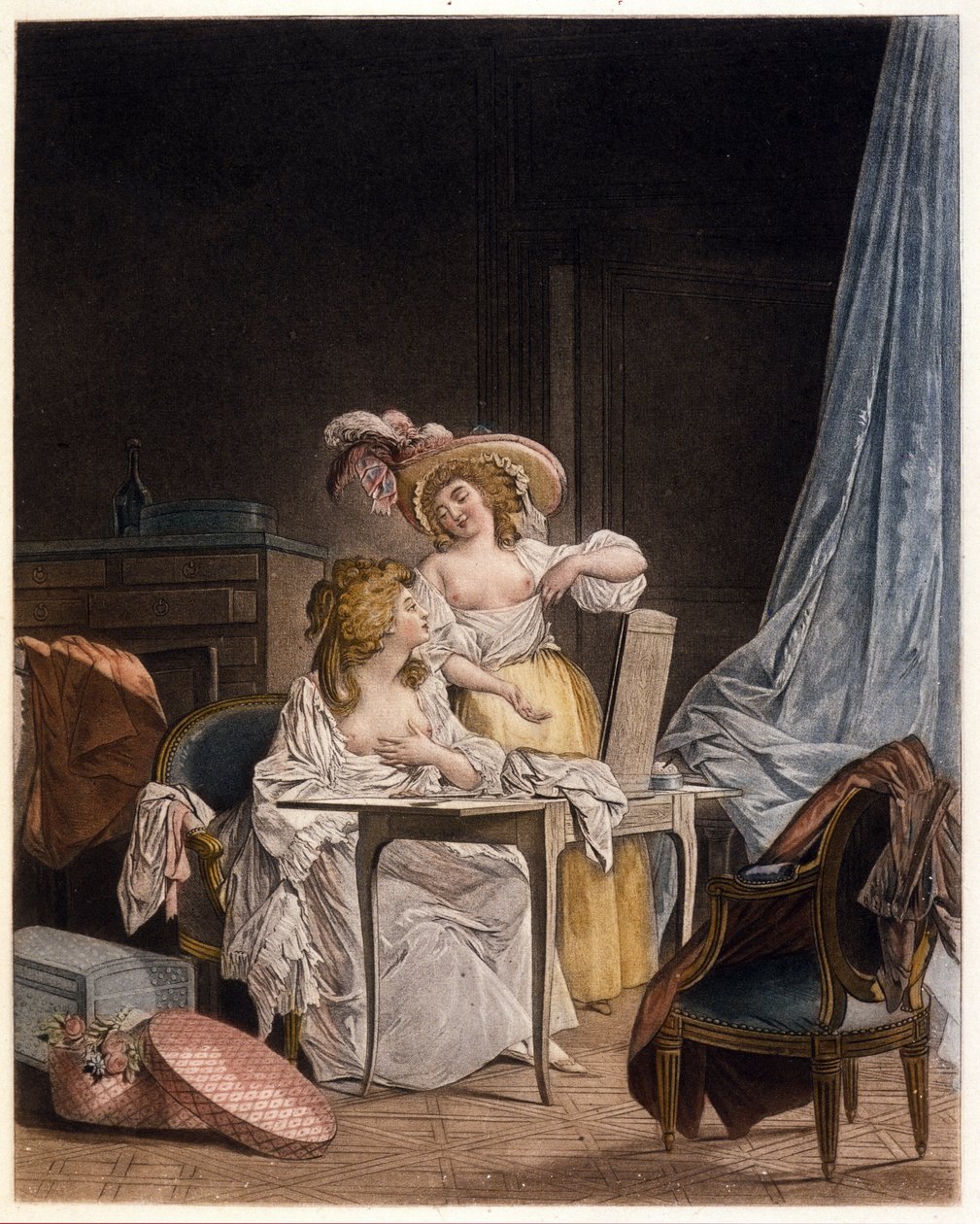 Az összehasonlítás. Két nő összehasonlítja a mellkasa méretét. Nicolas Lavreince (1737-1807) metszete, 1782 körül. alkotó: Niclas II Lafrensen