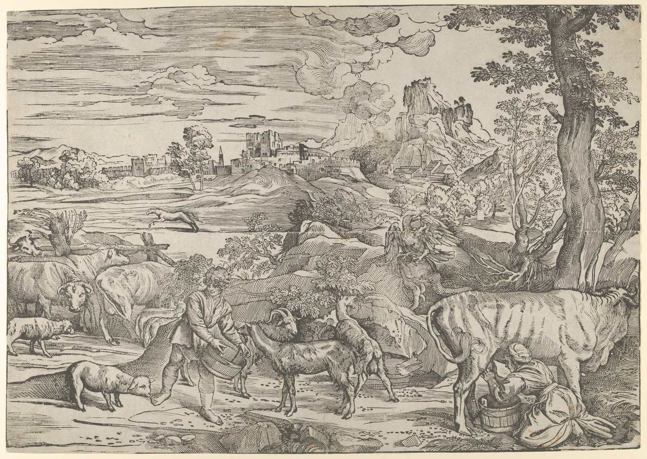 Táj, jobb oldalon egy tejeslány és bal oldalon egy fiú, kb. 1535-40., kb. 1535-40. alkotó: Nicolò Boldrini